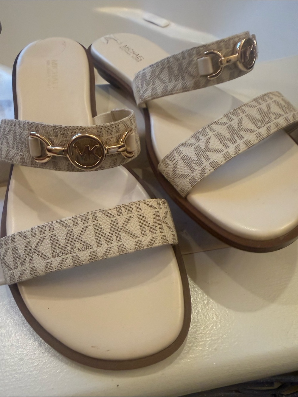 Michael Kors Cream Logo Double Strap Slide Sandals with Gold MK Emblem